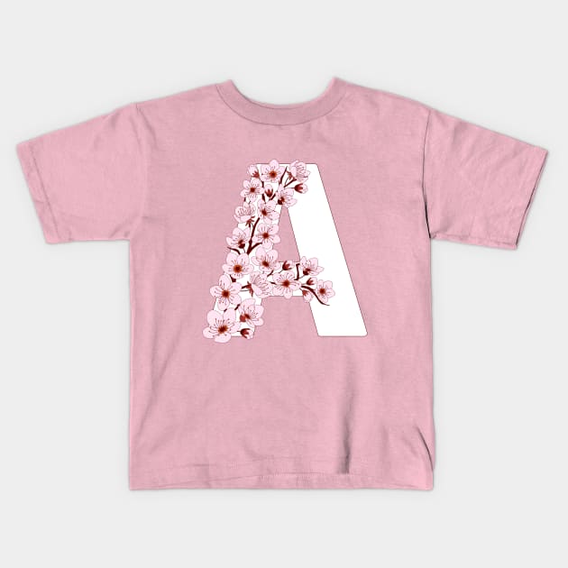 Colorful capital letter A patterned with sakura twig Kids T-Shirt by Alina